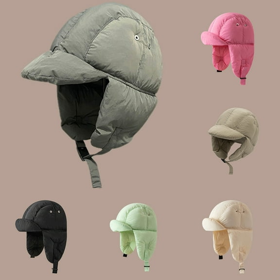 Puffy Trapper Hat with Earflap Down Beanie Hats for Men Women Lightweight Warm Riding Hat Puffer Balaclava Caps