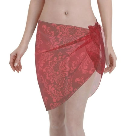 Adobk Women Beach Sarong Bathing Suit Vintage Burgundy Print Wrap Skirt Sheer Bikini Swimsuit Cover Ups For Swimwear