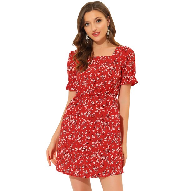 Vestido Floral Por Encima de la Rodilla Allegra K cintura Elástica cuello cuadrado Mangas Abullonadas Rojo M