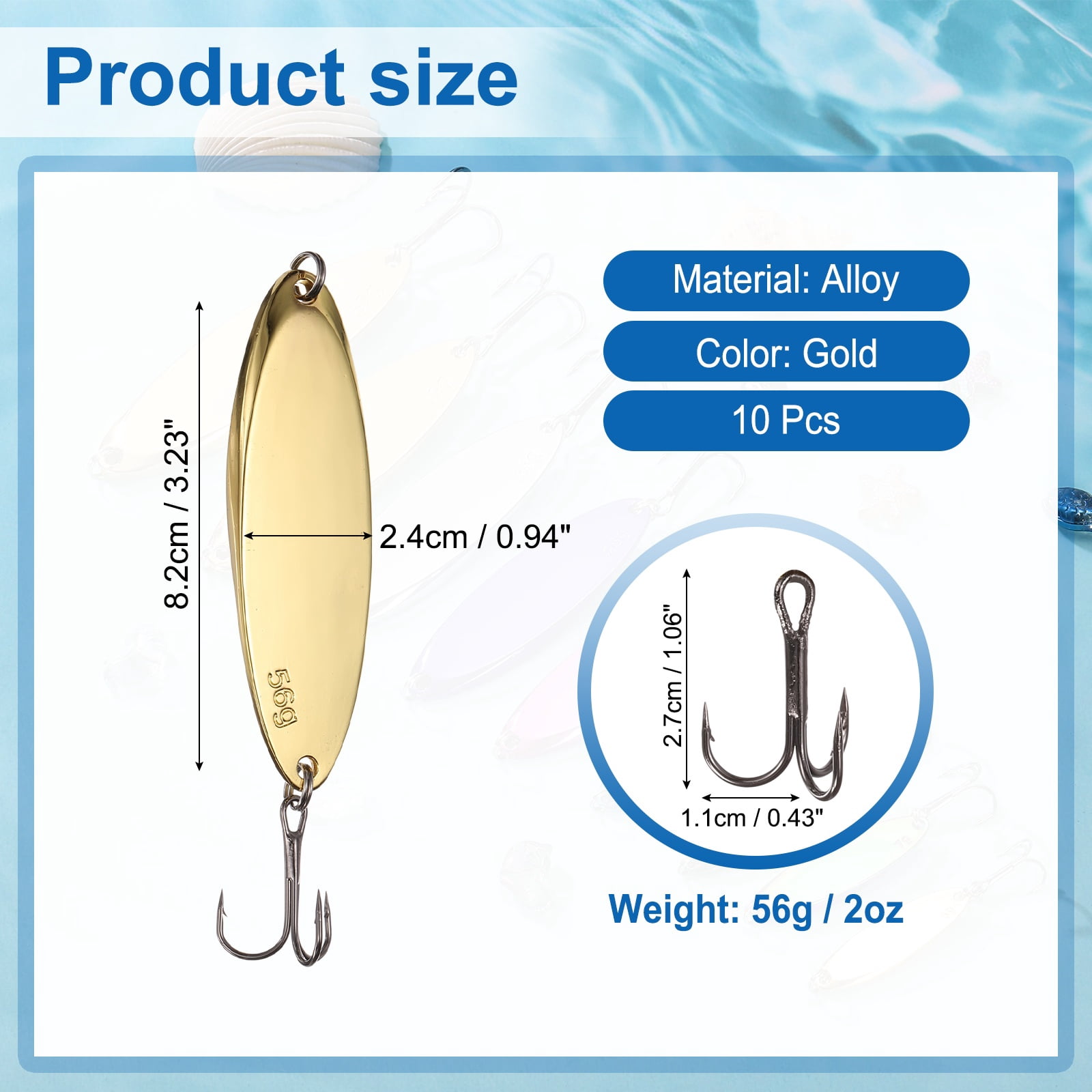 Uxcell Fishing Spoons Lures, Metal Saltwater Treble Trout Lures Jigging Spoon with Treble Hooks Casting Spinner Baits 10 Pcs & 2oz & Gold - Fitting for (Freshwater/Salmon/Bass/Trout)