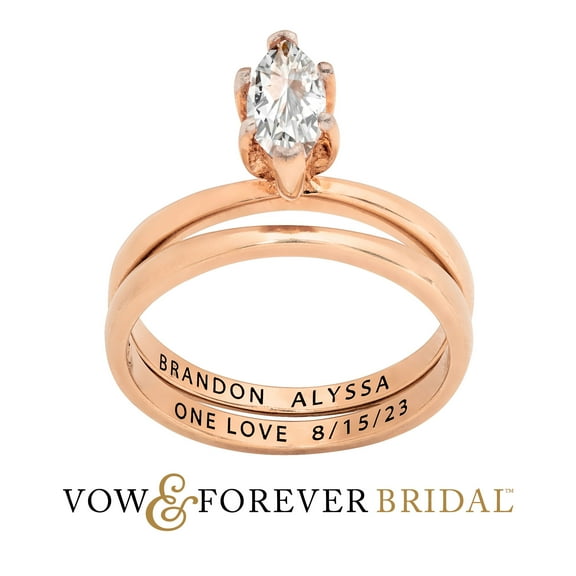 Vow & Forever Personalized Planet Bridal 14K Rose Gold over Sterling Silver Marquise White Topaz 2-Piece Engraved Wedding Ring Set ,Women's