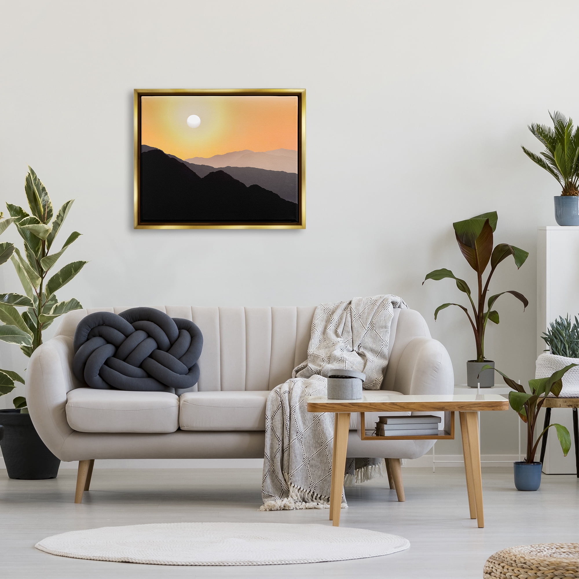 Stupell Industries Orange Sky Mountain Silhouettes Landscape Photography Gold Floater Framed Art Print Wall Art