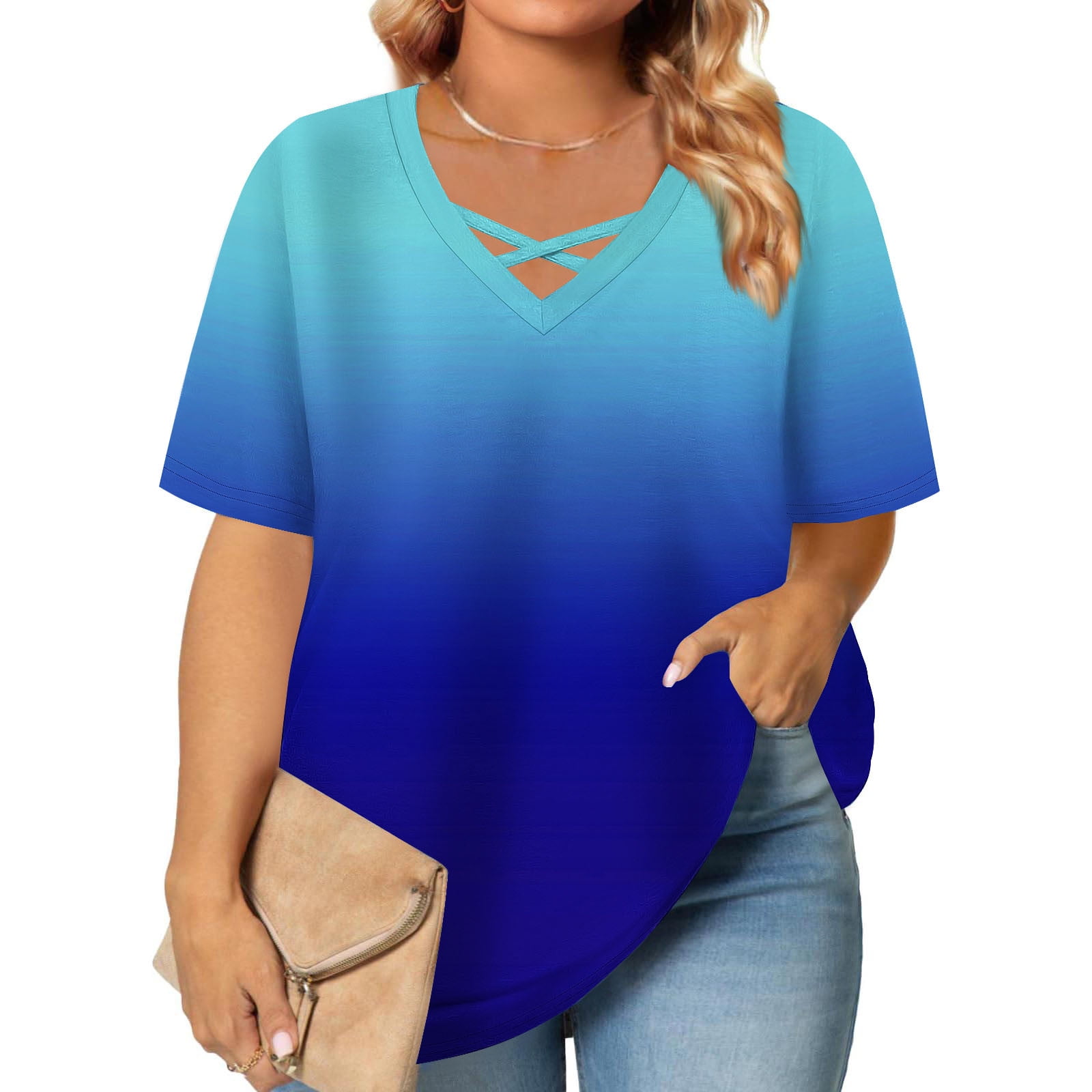 JGGSPWM Women's Plus Size Short Sleeve Criss Cross Neck Summer Trendy Dressy Casual Tunic Tops Tees Blouses Blue 2XL