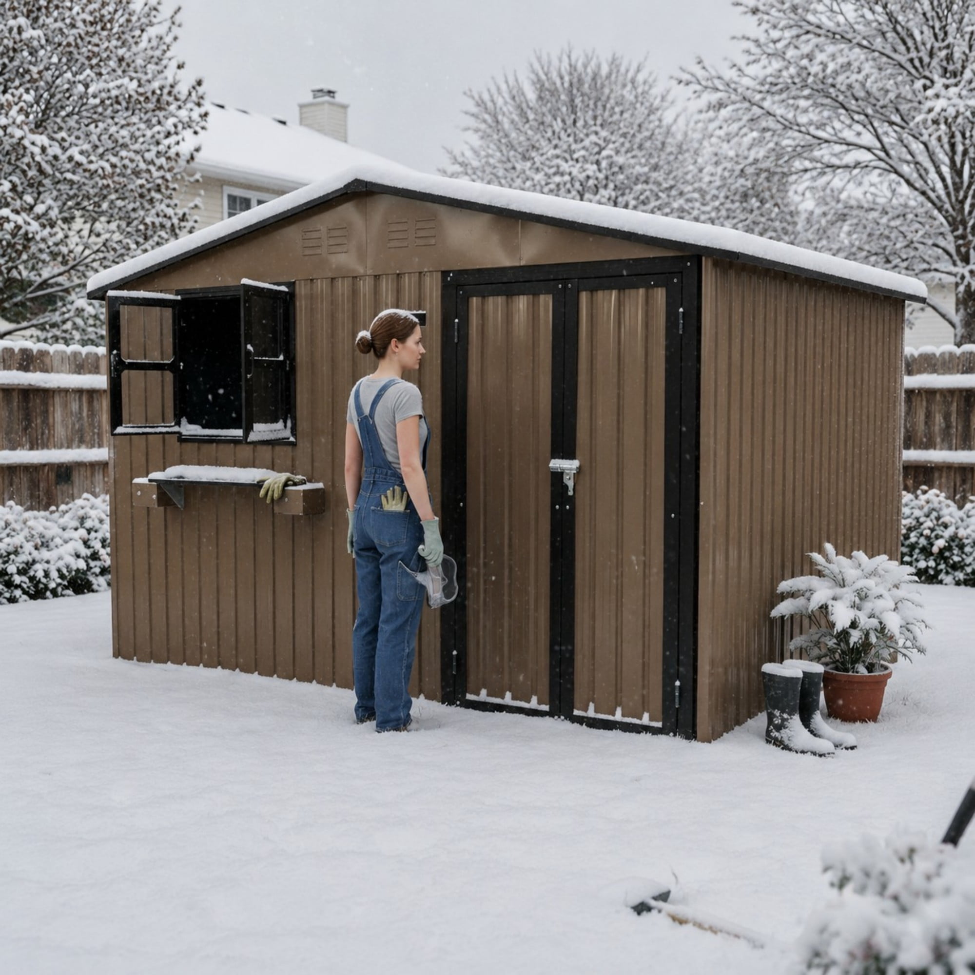 Aukfa 10x8 FT Outdoor Storage Shed with Lockable Doors&Flower Rack, Metal Garden Shed for Bike/Generator/Tool Storage, Brown