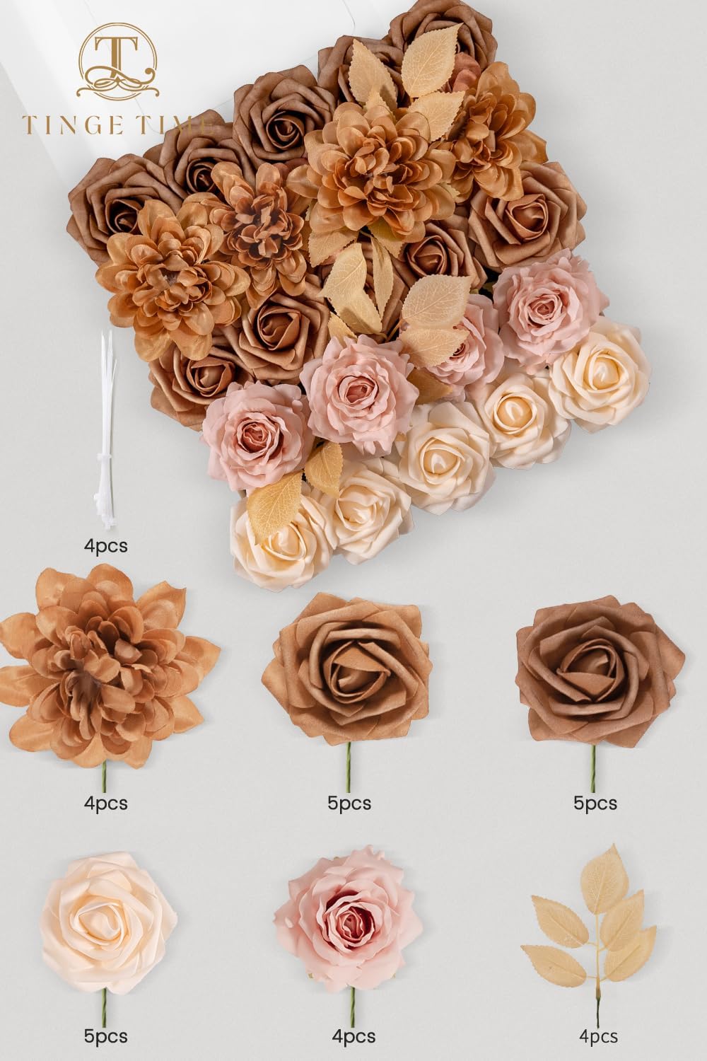 TArtificial Flowers, Fake Rose Silk Dahlia with Stems for DIY Bridal Wedding Bouquets Baby Shower Floral Arrangements Centerpiece Table Party Home Decorations(Dark Milk Tea)