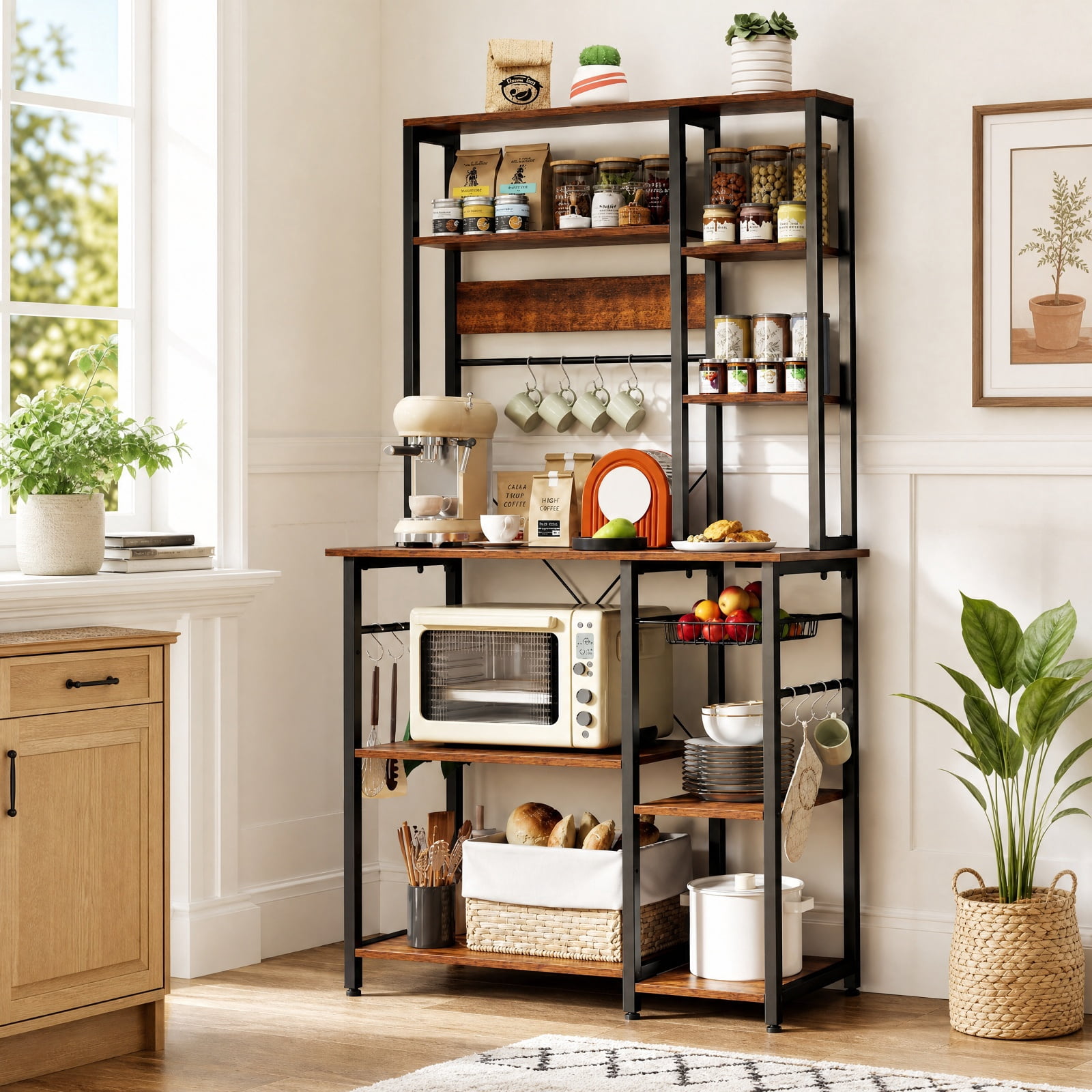 RUIE 6-Tier Baker's Rack with Power Outlet, Kitchen Coffee Bar Storage Stand with Wooden Open Shelves, 12 S-Hooks and Basket, Rustic Brown & Black