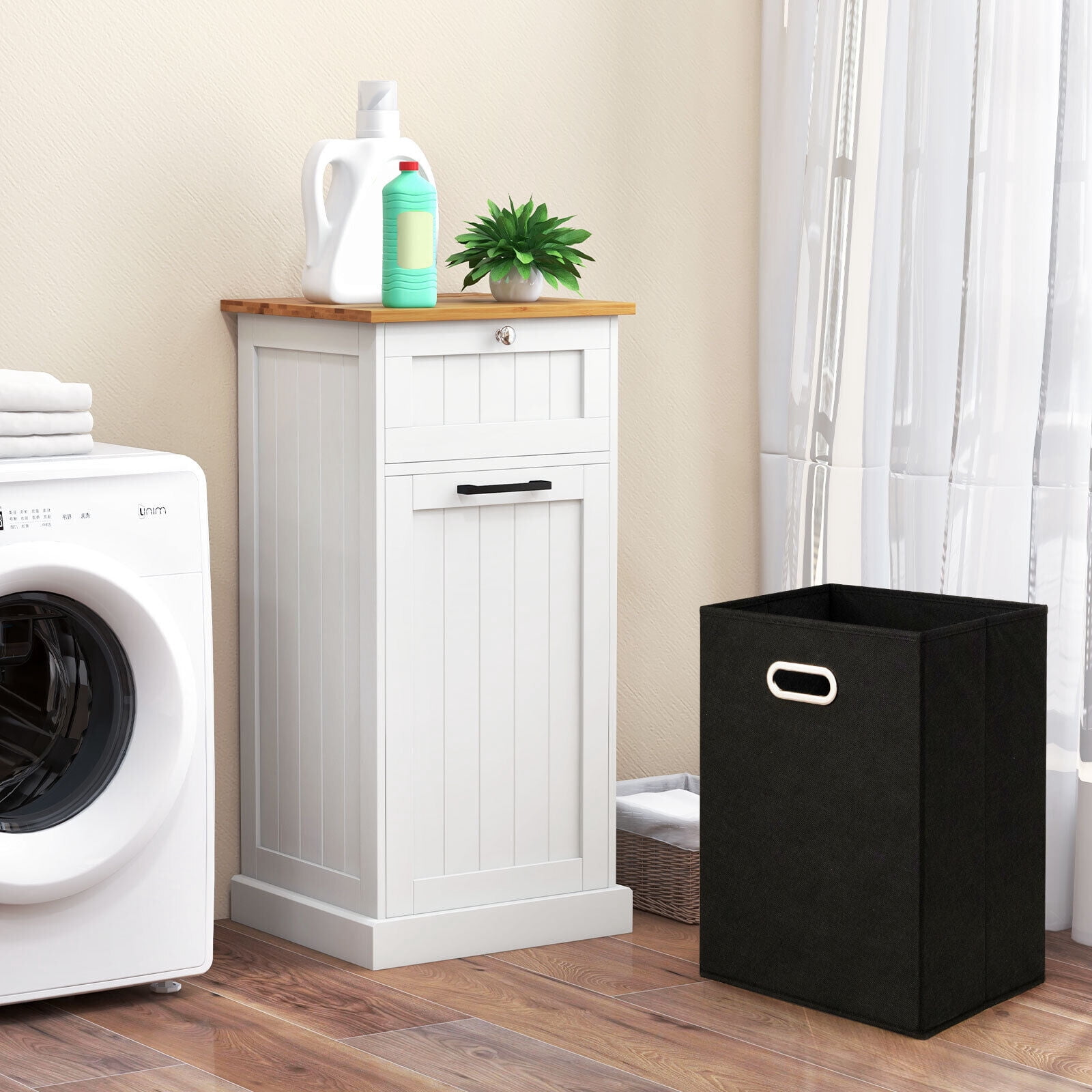 Amijoy Laundry Cabinet Freestanding Tilt Out Laundry Hamper w/ Basket Drawer Organizer, Freestanding Laundry Hamper Cabinet for Bathroom