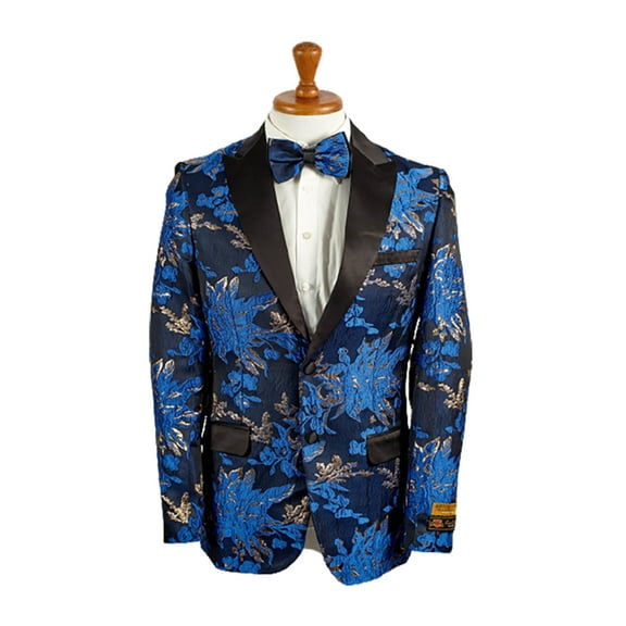 Mens 2 Button Royal Blue and Gold Foil Paisley Tuxedo Blazer By Alberto Nardoni Brand Designer