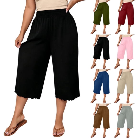 VBVC Women's Plus Wide Leg Capri Pants , Ladies' Scalloped Hem High Waist Cropped Pants , Summer Casual Loose Lounge Trousers For Women, Army Green , L-5XL