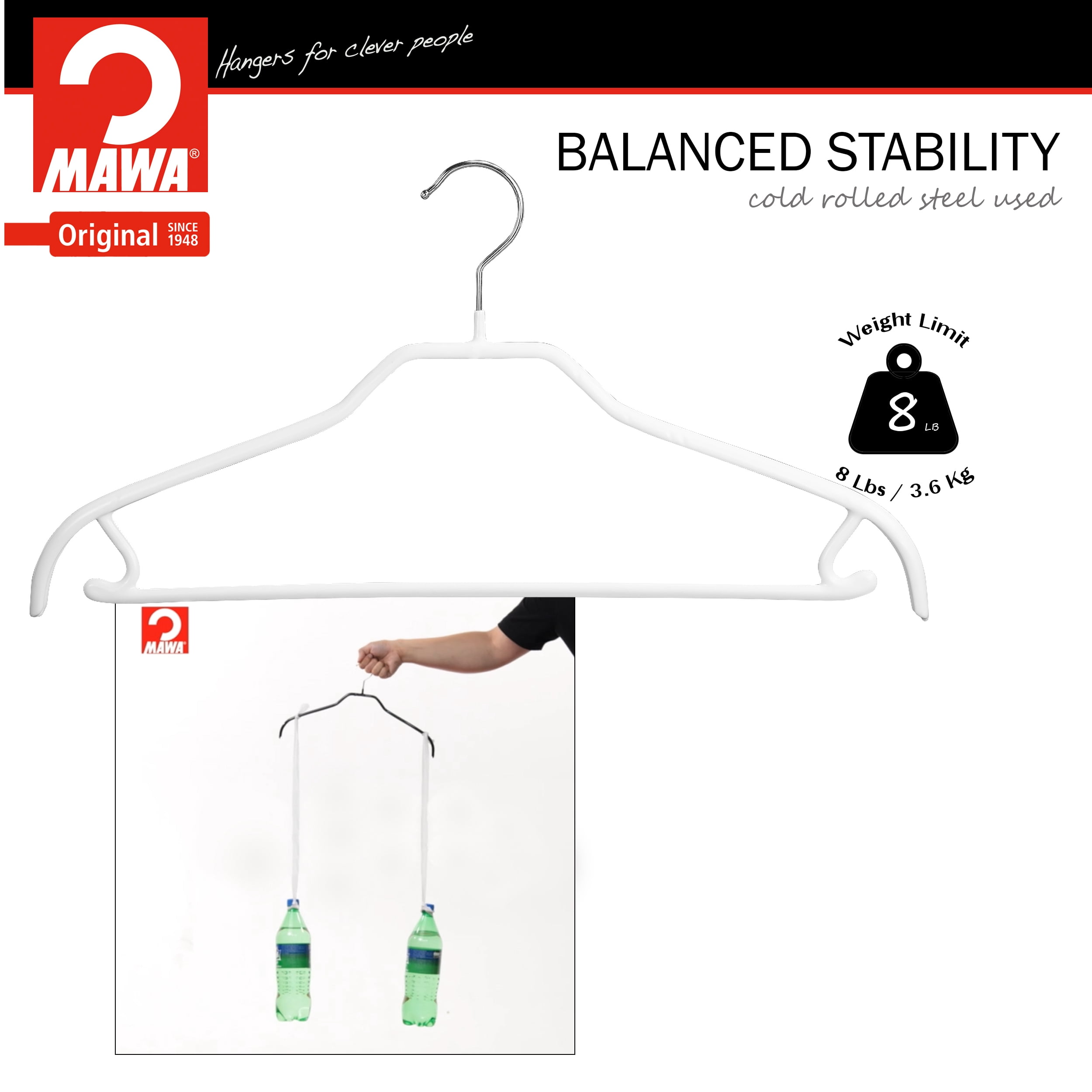 Mawa by Reston Lloyd Silhouette Series Non-Slip Space Saving Hanger with Pant Bar/Skirt Hook, Style 41/FRS, Set of 5, White