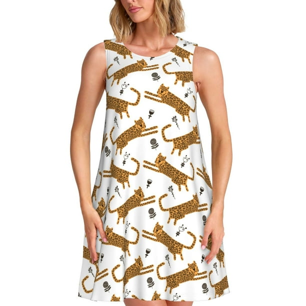 Fotbe Leopard Print Vestido de Verano sin Mangas para Mujer – Vestido Midi Línea A, Estilo Camiseta Floral, Vestido Playero Casual y Fluido
