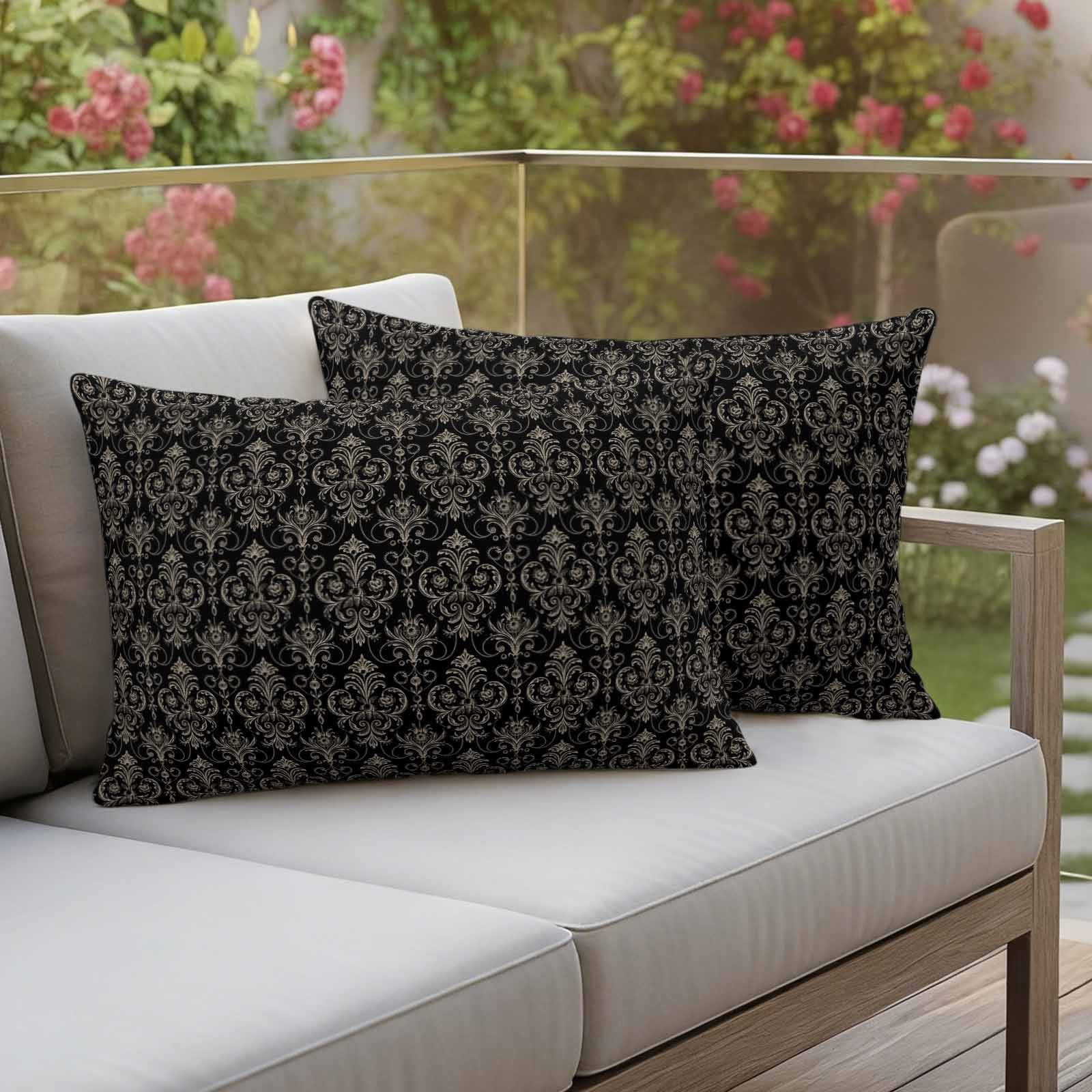 Black Floral Abstract Outdoor Waterproof Throw Pillow Covers 20x12 Set of 2, Vintage Ethnic Bohemian Flowers Decorative Pillowcases Cushion Pillowcase for Couch Sofa Patio Outside Pillow Protector