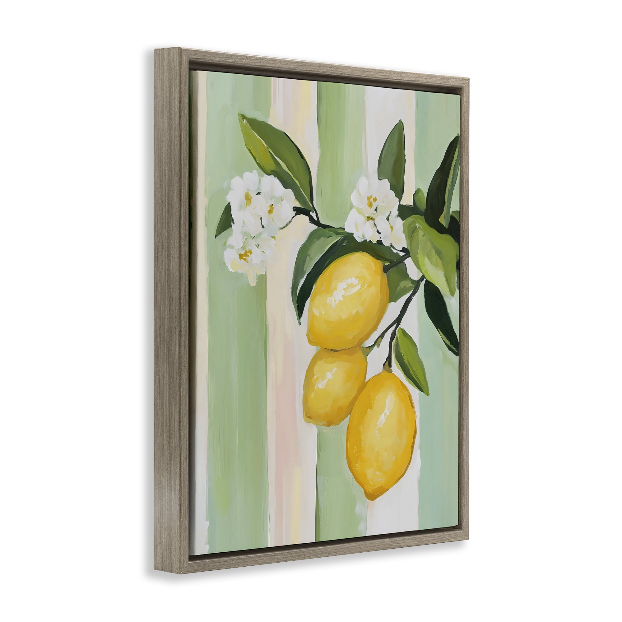 Stupell Industries Lemons & Flowers on Stripes Brown Framed Floater Canvas Wall Art, design by The Prints Vibe