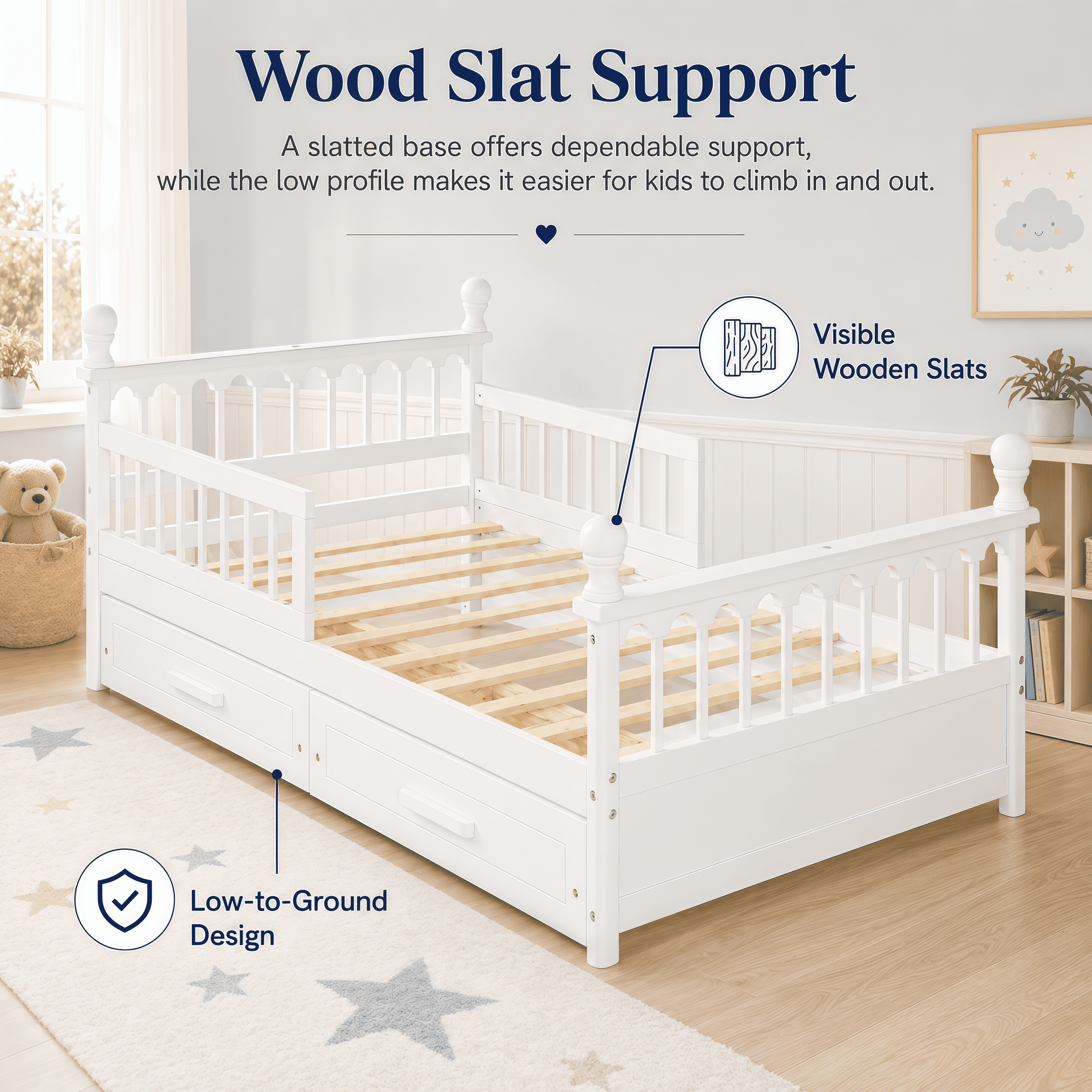 Euroco Wood Twin Size Platform Bed with Drawers, Low Profile Kids Bed with Safety Guardrails, No Box Spring Needed, White