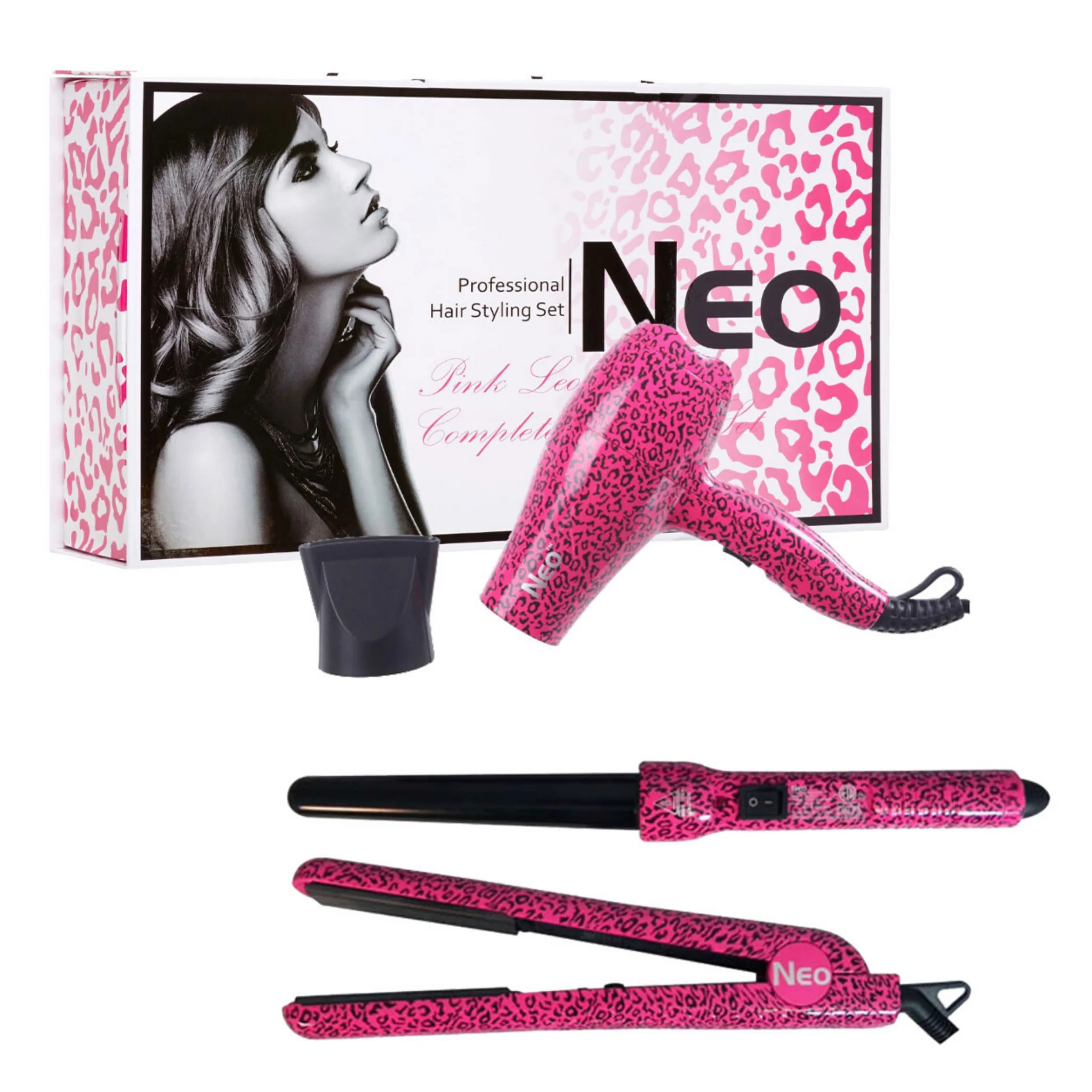 The Neo Choice 3 pcs Trio Complete Full Set with 1.25 Inch Hair Straightener + 18-25mm Curling Iron + Mini Hair Dryer (Pink Leopard)