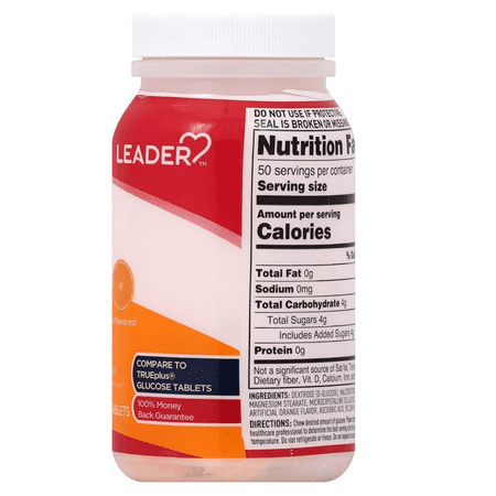 Leader Glucose Tablets, Chewable Low Blood Sugar Tablets, Boosts Energy, Fast-Acting, Fat Free, Gluten Free, Sodium Free, Caffeine Free, Great Tasting Orange Flavor, 50 Tablets