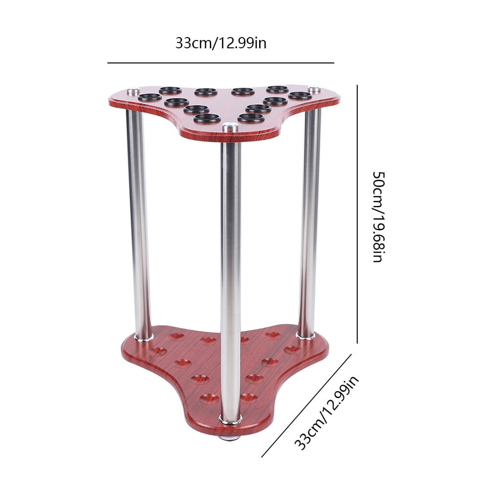 12 Holes Corner Stand Pool Cue Holder Triangle RED Floorstanding Pool Cue Rack with Plastic Protective Rings
