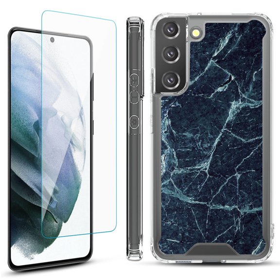 Shockproof Bumper Phone Case for Samsung Galaxy S22  / S22 Plus 5G, with Tempered Glass Screen Protector, by OneToughShield ® - Marble / Blue
