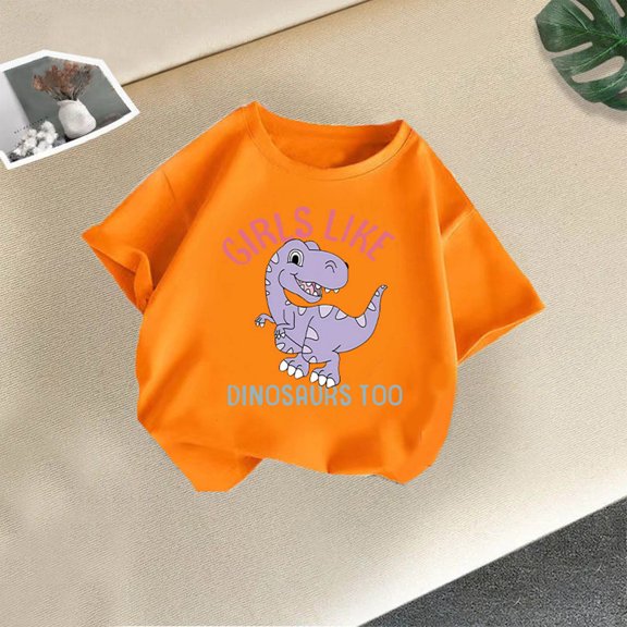 Amidoa Girls Short Sleeve Crewneck Graphic Summer T Shirts Cotton Kids Casual Tops Orange Size 120