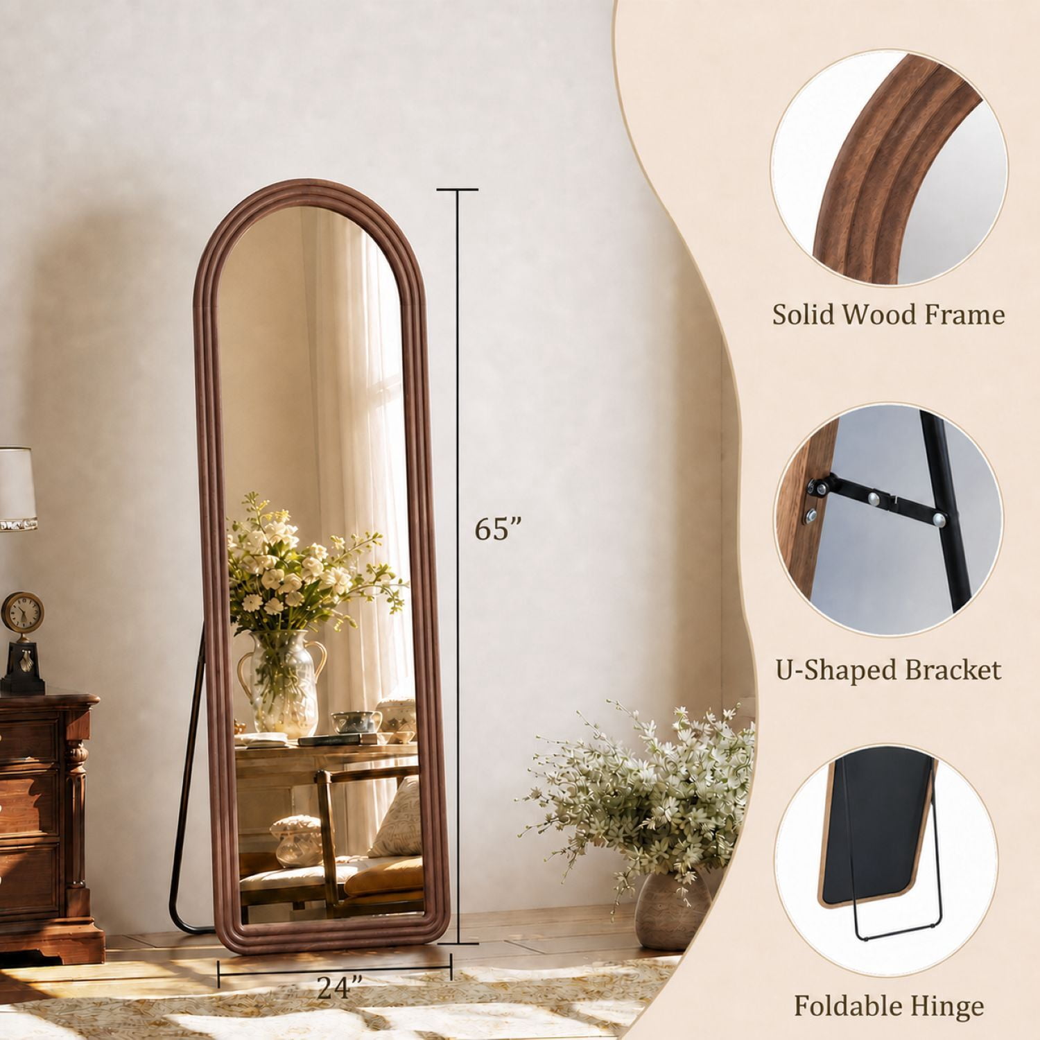 Easy4Home 65" x 24" Wooden Arched Full Length Mirror Vintage Floor Mirror, Walnut
