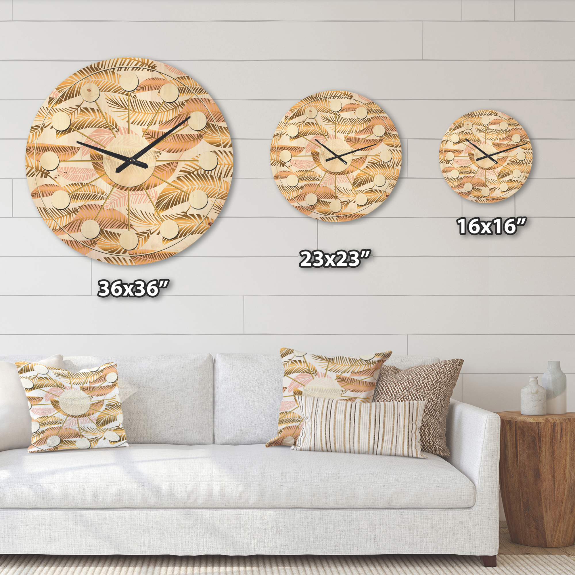 Designart 'Golden Tropical Leaves Pattern III' Mid-Century Modern Wood Wall Clock