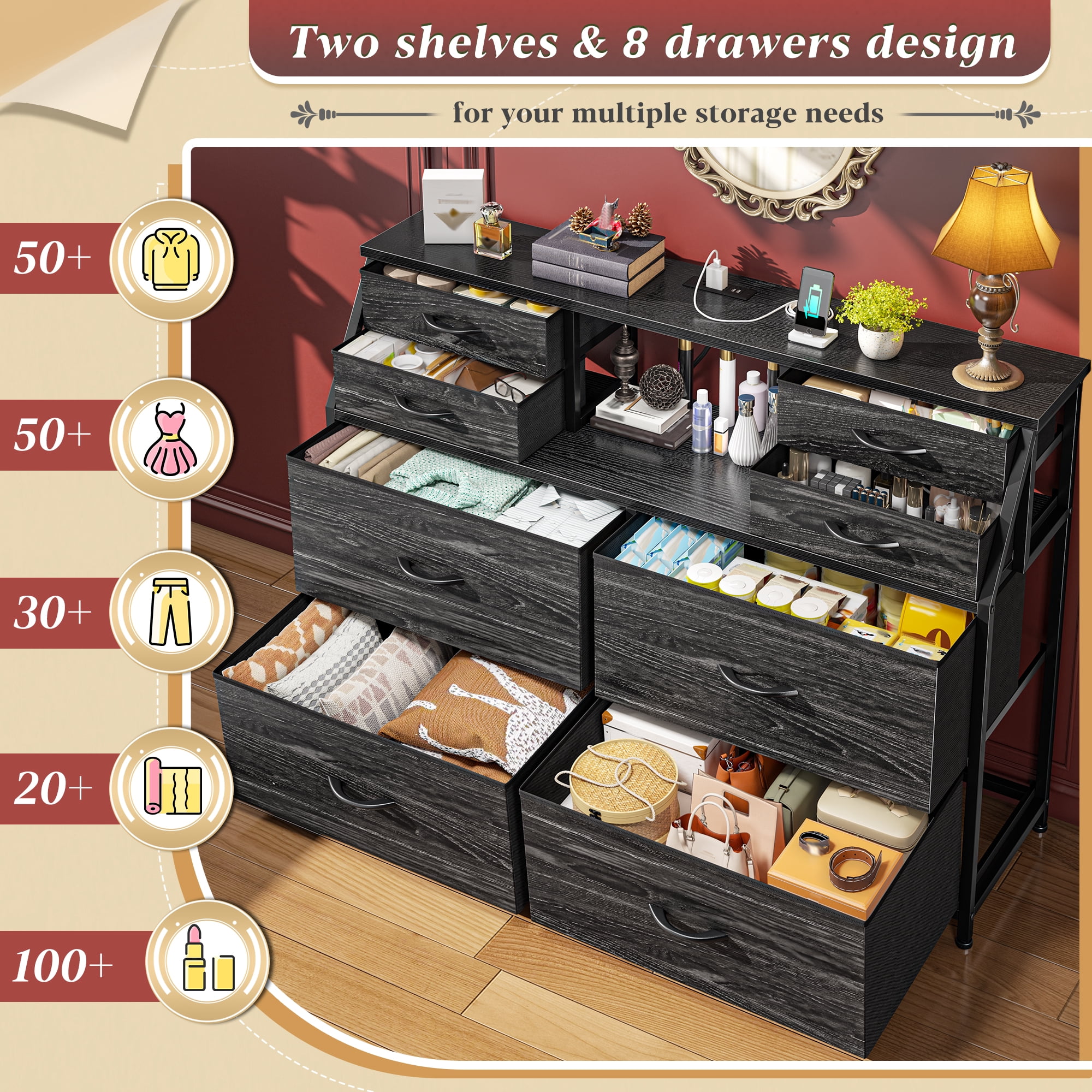 Romorgniz Dresser for Bedroom with 8 Fabric Drawers White Dresser with LED Lights & Charging Station & Open Shelf for Living Room and Entryway