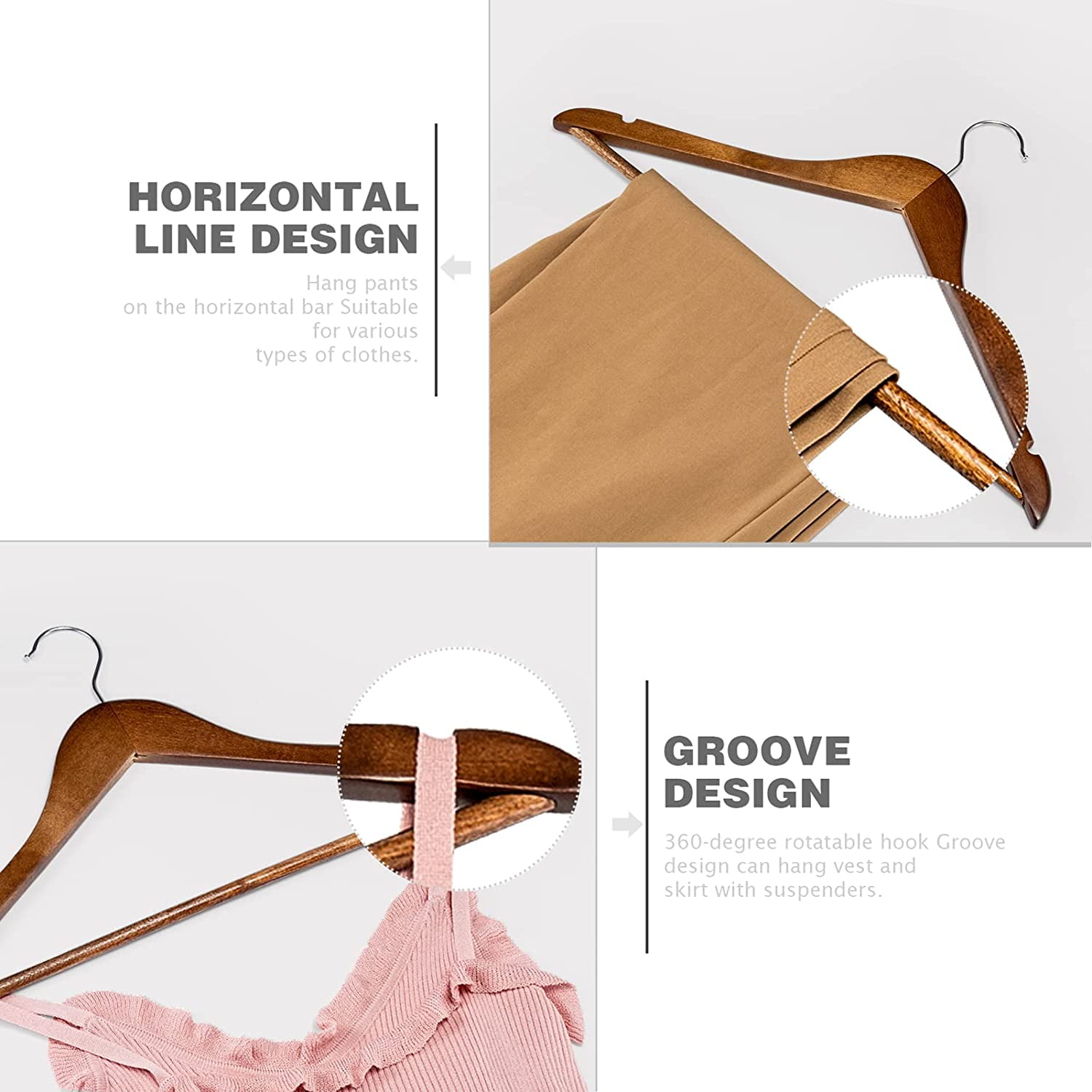 Heavy Duty Solid Wood Coat Hangers 30 Pack, Smooth Finish Bulk Wooden Hangers with Non-Slip Pant Bar and 360 °   Swivel Hook