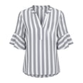 thumbnail image 5 of Women's Casual Loose Linen Striped V-Neck Three-Quarter Sleeve Ruffled Top, 5 of 8