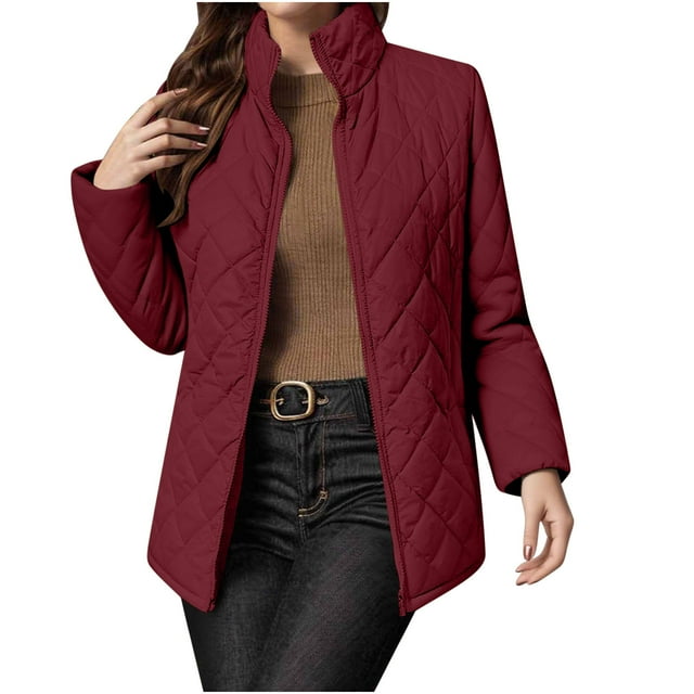 Gpaecead Quilted Jackets Women's Solid Long Sleeved Standing Collar Pocket Long Jacket