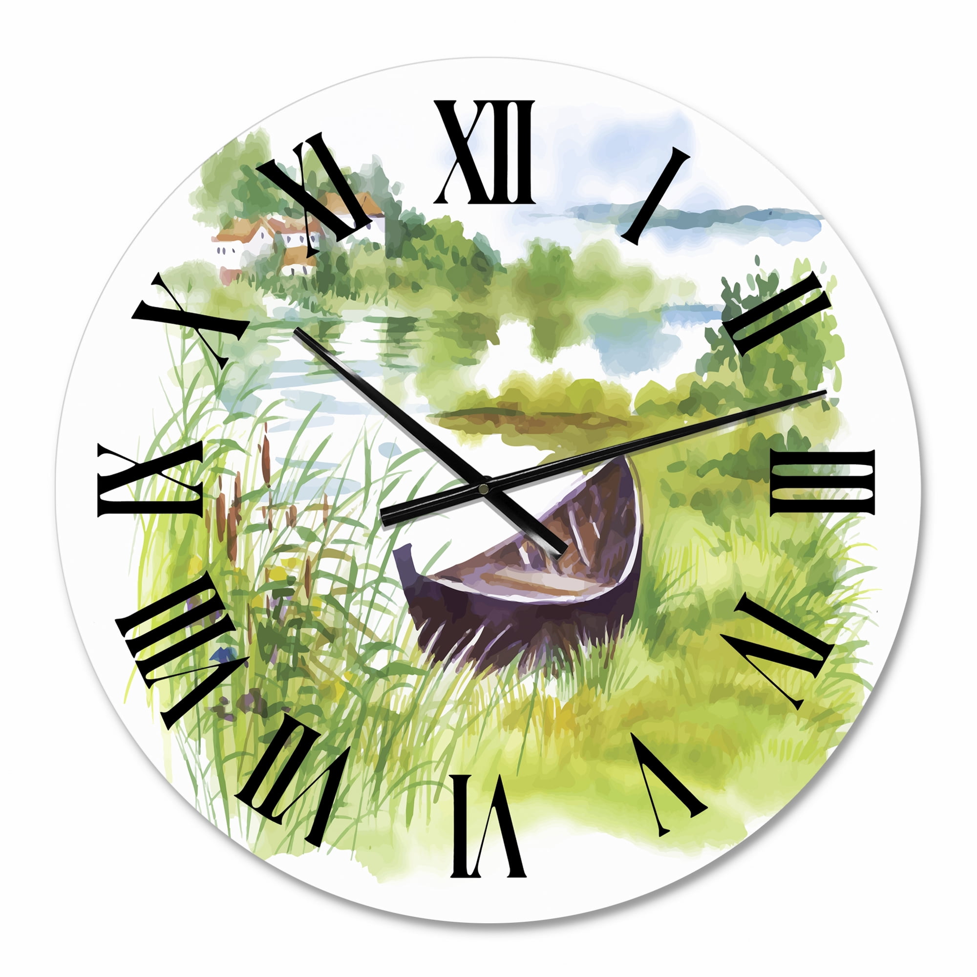 Designart 'Rural Green Landscape With Boat' Lake House Wall Clock