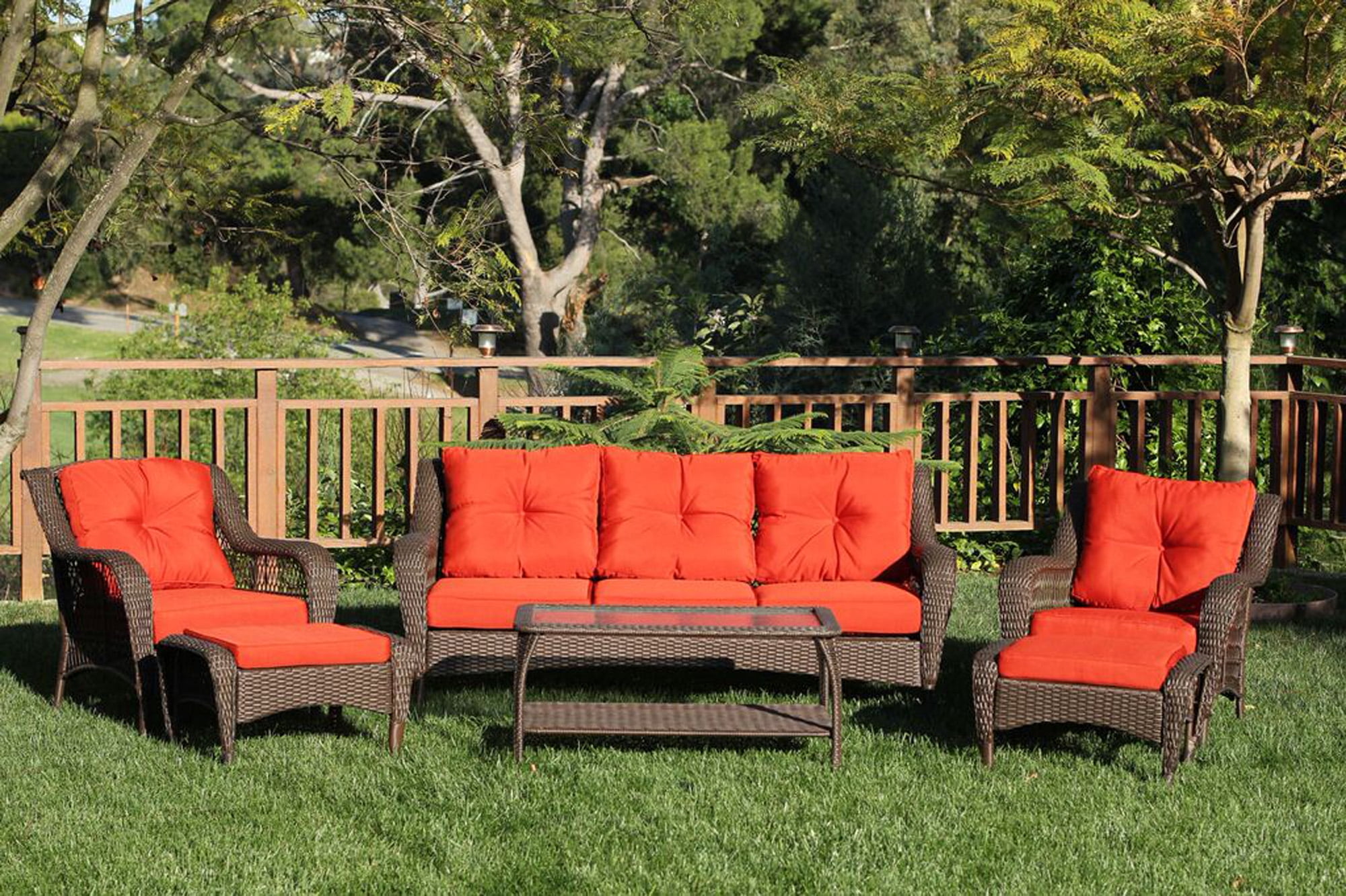 Set of 6 Espresso Resin Wicker Outdoor Patio Furniture Set With Red