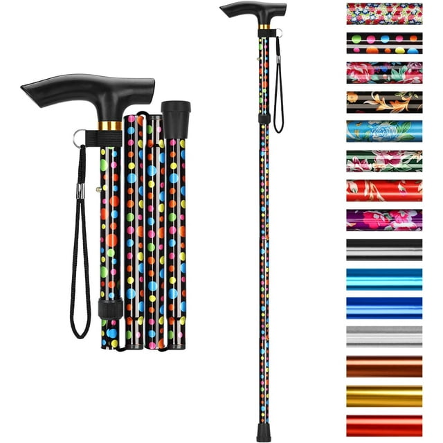 SupreGear Adjustable Folding Cane with T-Handle, 5 Height Levels, Black Polka Dots, Strap for Extra Stability