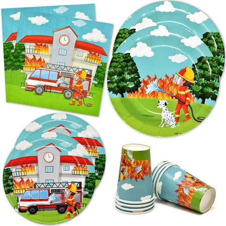 Fire Truck Firefighter Party Supplies Tableware Set 24 9' Paper Plates 24 7' Plate 24 9 Oz Cup 50 Lunch Napkin for Fireman Rescue Station Department E