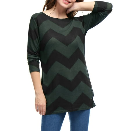 Pointelle Knit Tunic - Women's Knitted Tunic Long sleeves Chevron Stripe Pattern Tops Green S (US 6)