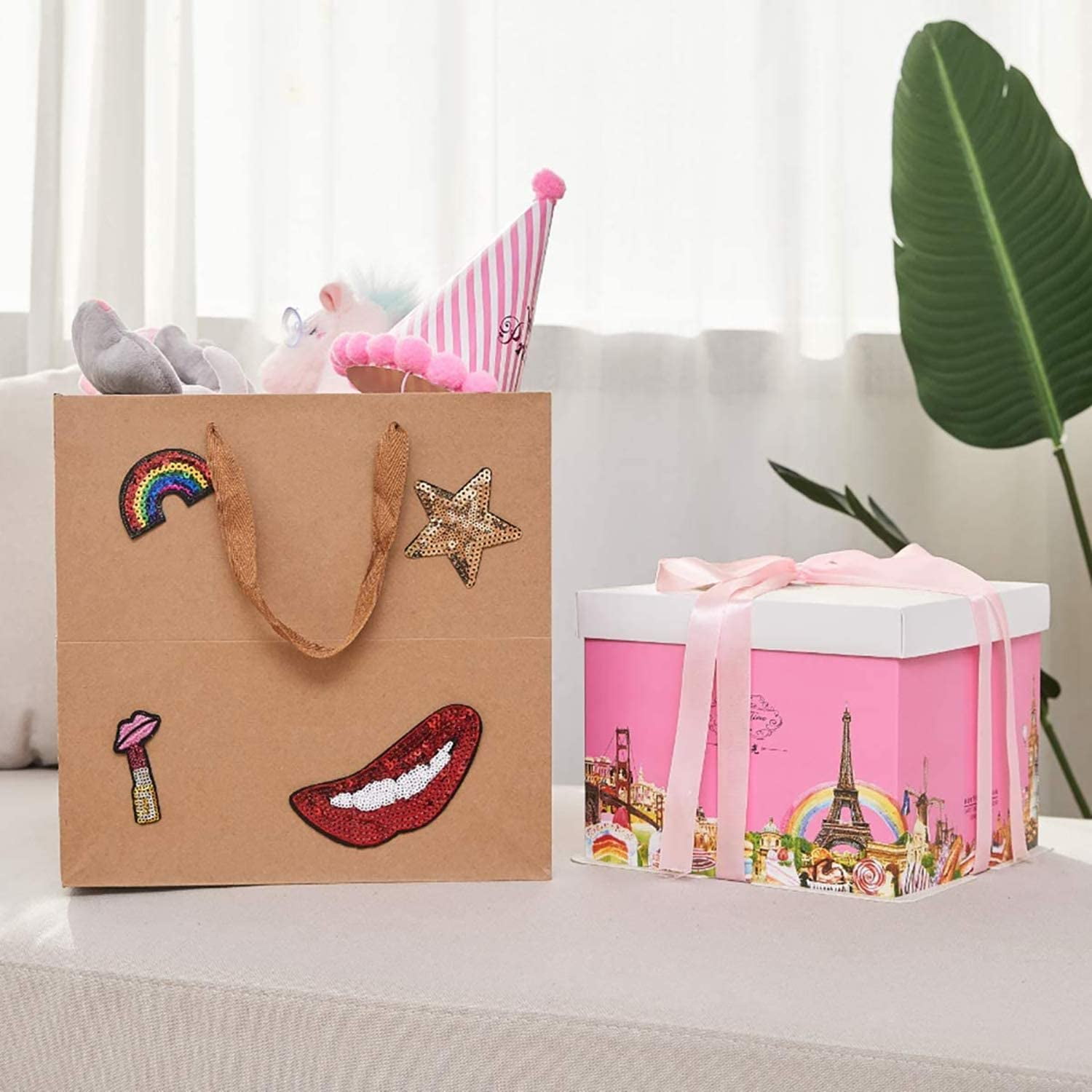 10pcs Sacs Cadeaux En Papier 28 X 10 X 20 Cm Sacs D'Épicerie Avec Ruban Sacs à Nœud Pour Anniversaire Mariage Festival Noël, Blanc Noir