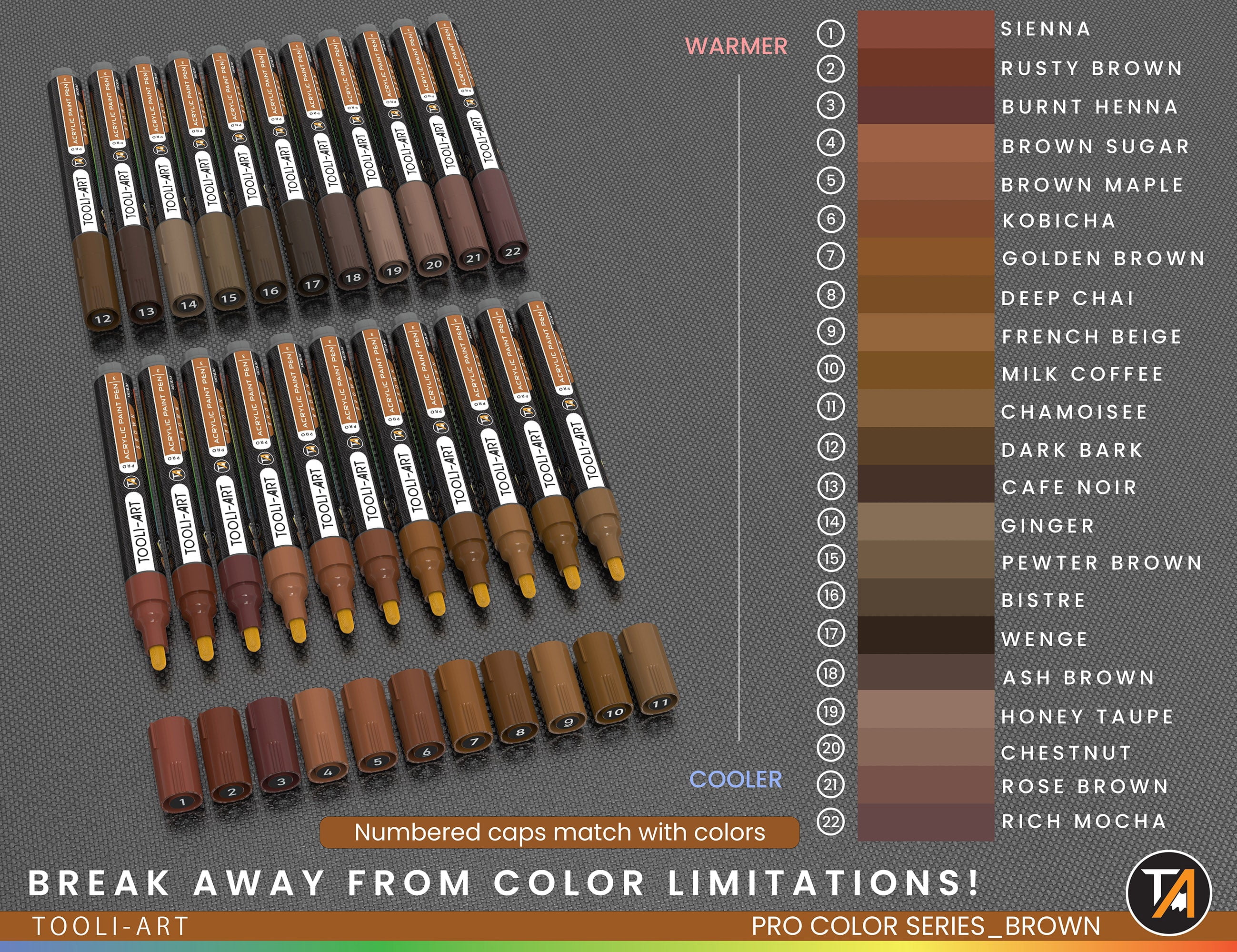 22 Acrylic Paint Pens (BROWNS) Pro Color Series Set (3mm MEDIUM)