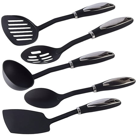 

1Set 5Pcs Nylon Kitchenware Non-stick Cooking Tool Stainless Steel Handle Spatula Ladle Shovel Spoon Soup Kitchen Set (Black)