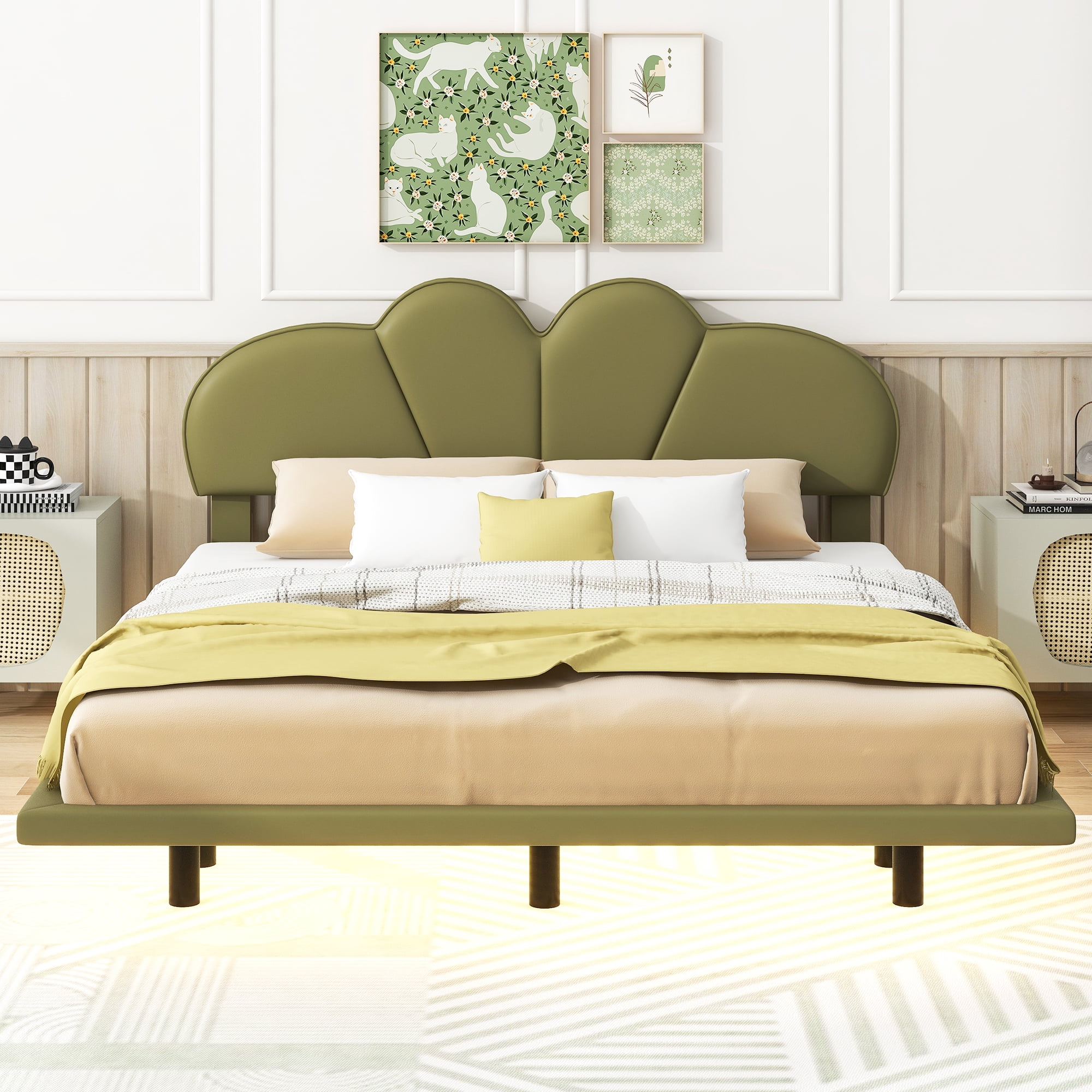 Euroco Full Size Upholstery Floating Bed with LED Lights, PU Leather Headboard Platform Bed for Kids Teens Adults, Green