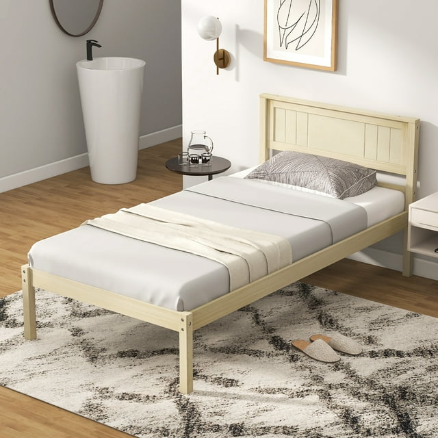 Costway Lit Plateforme en Bois Format Simple avec Tête de Lit Base de Matelas Naturel