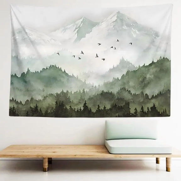 Watercolor Mountain Forest Tapestry, 37×29 Inches, Serene Nature Wall Hanging for Bedroom Living Room Decor