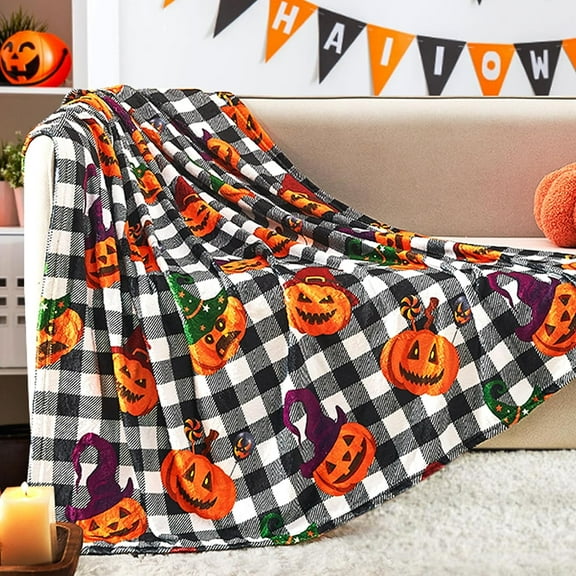 Halloween Blanket, Black Buffalo Plaid Fall Pumpkin Throw Blanket for Couch Sofa Bed Office Camping, Soft Warm Fuzzy Cozy Checkered Blanket, Halloween Decor 50"X60"