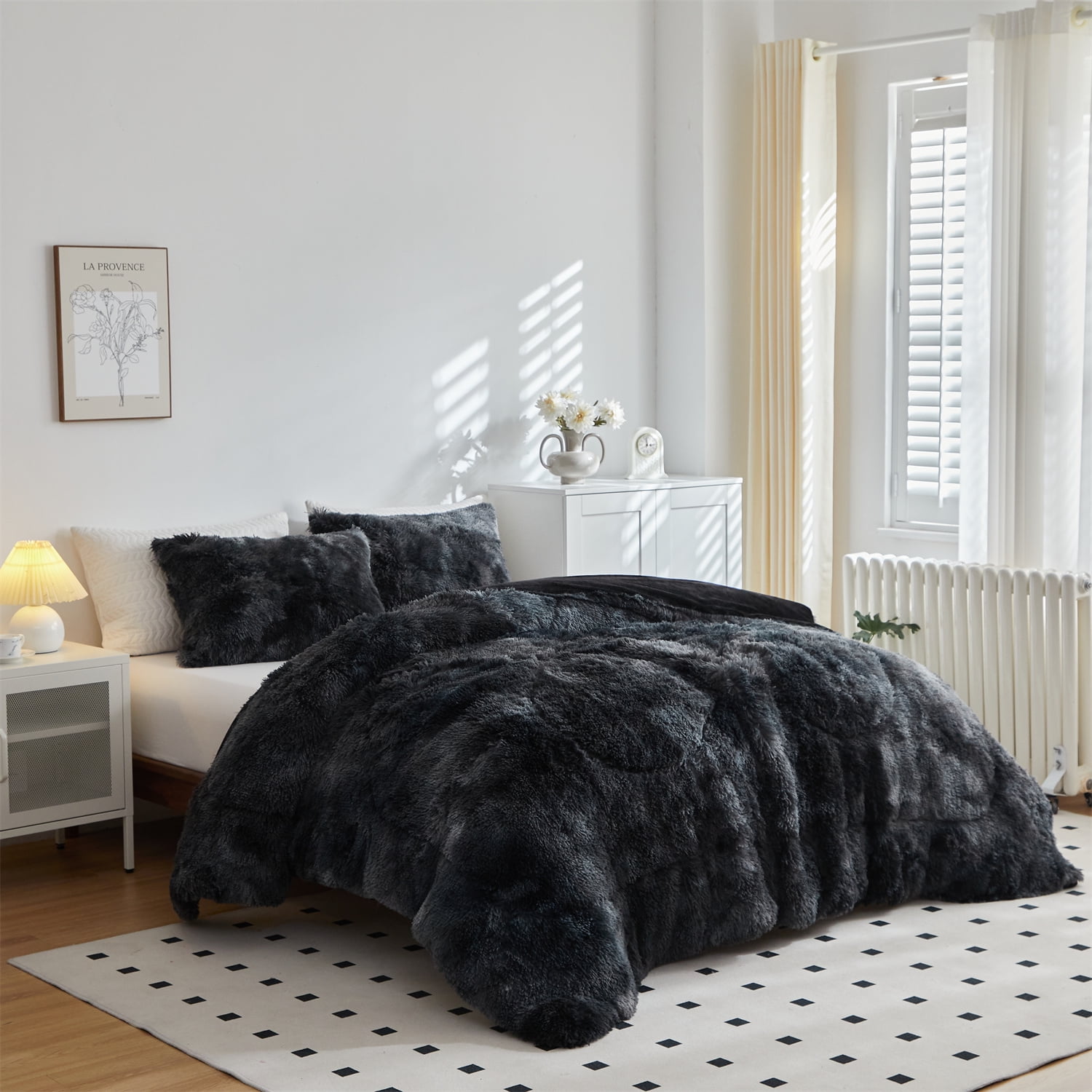 Wajade Plush Shaggy Comforter Set Fluffy Fuzzy Faux Fur Bedding Set - 3PC Microfiber Soft Warm Quilt Set(Black Tie Dye,Queen Size)