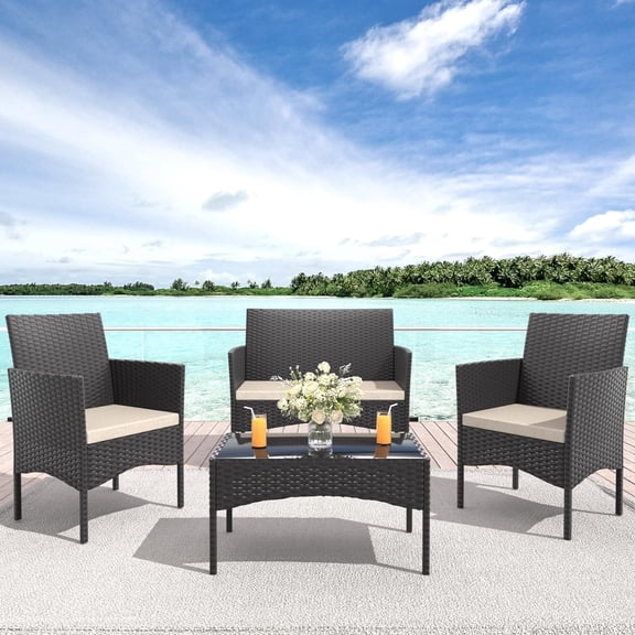 ALAULM 4-Piece Wicker Rattan Outdoor Furniture Patio Conversation Set with Cushions and Coffee Table, Sand