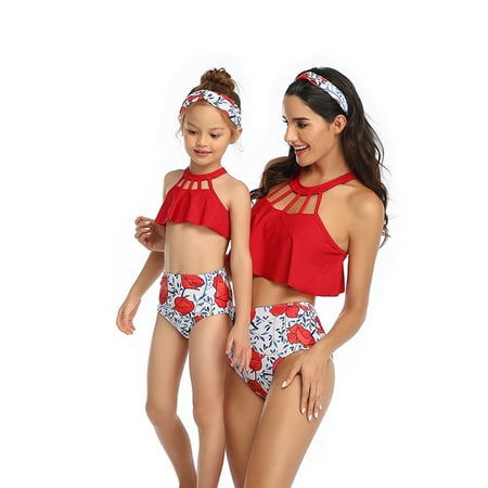 KYAIGUO Mother and Daughter Swimsuits Mommy and Me Family Matching Swimwear Ruffle Bikini Set Women High Waist Bathing Suit