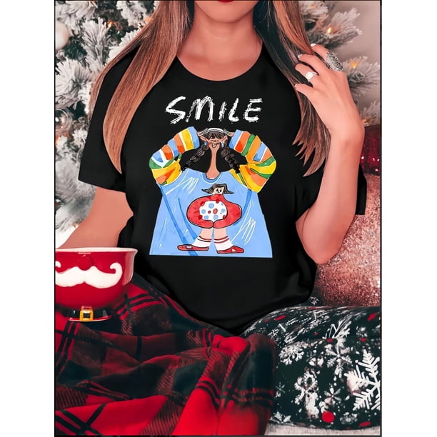 Camisetas de manga corta con estampado para niñas y niñas, de algodón, cómodas para uso diario, playera simple de veranoArtistic Flair, Smiling Girl Graphic Tee for Women - Casual Crew Neck Short Sl
