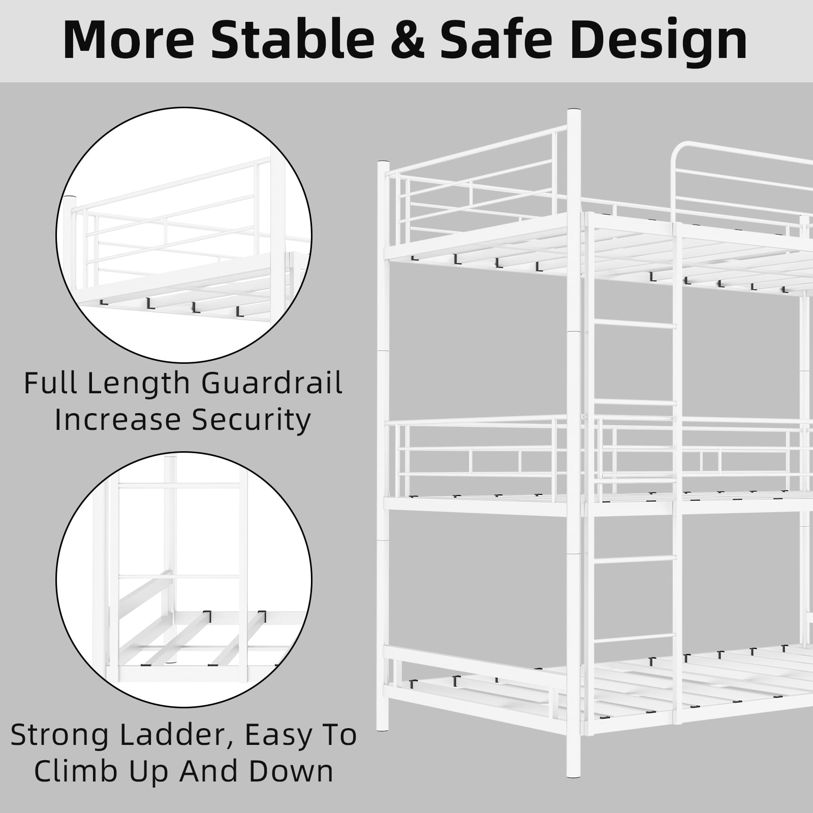 Alvantor Triple Bunk Bed Twin Over Twin Over Twin 3-in-1 Metal Bed Frame for Kids Teens with Ladders and Safety Guardrails White