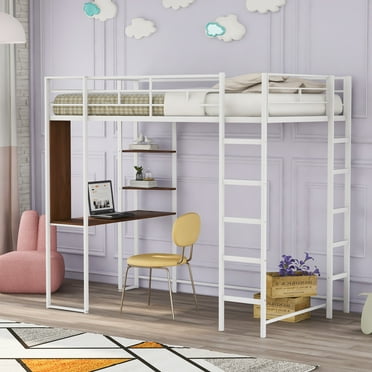 Twin Size Loft Bed, Metal Loft Bed Frame with 1 Built-in Desk and 2 Storage Shelves, Space Saving Bed with 2 Ladders and Full-length Guardrail for Kids Teens Adults Bedroom, White