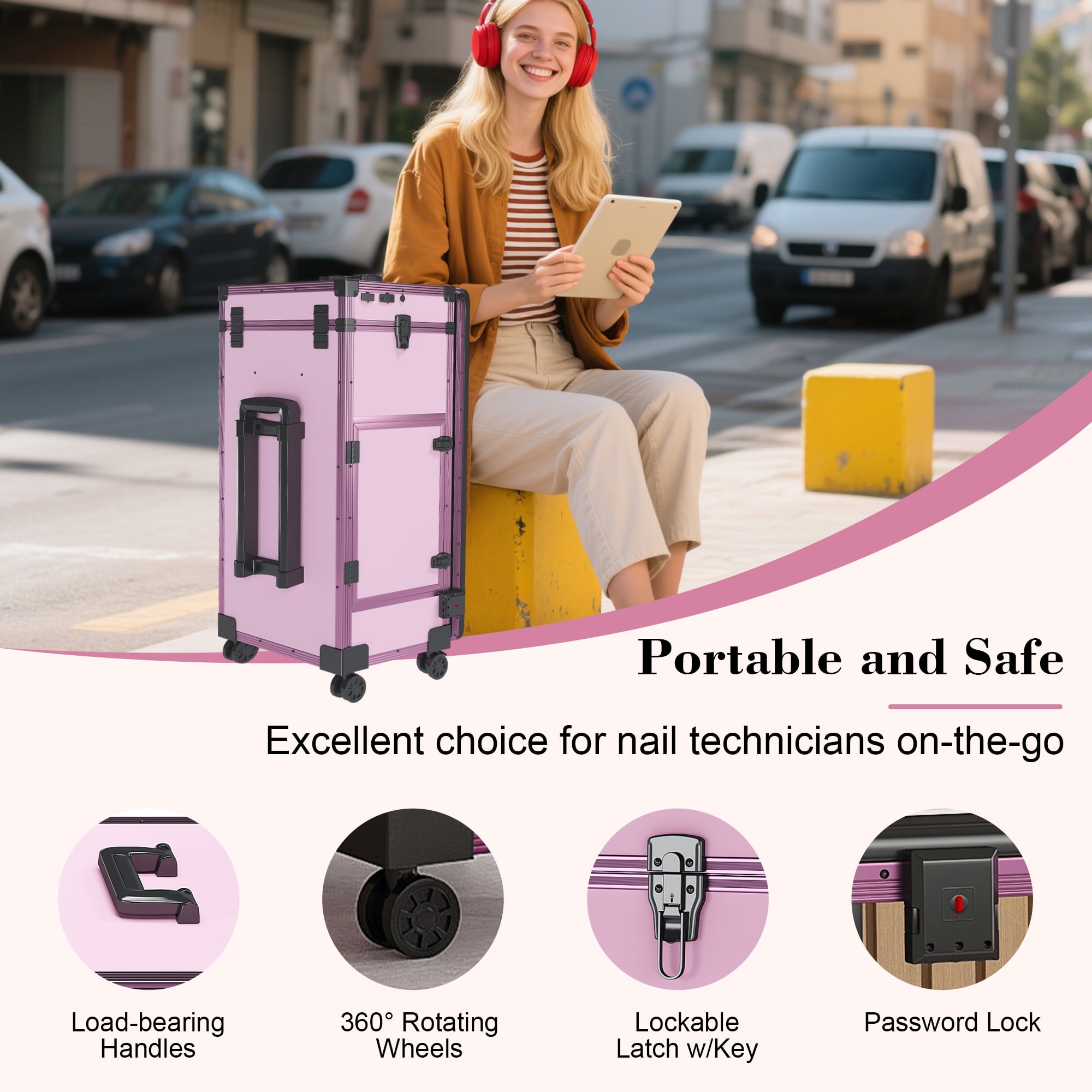 Aukfa Rolling Portable Manicure Table,Folding Nail Table with LED Mirro,Wireless Speaker & Lockable Drawers for Home & Mobile Salon,Pink