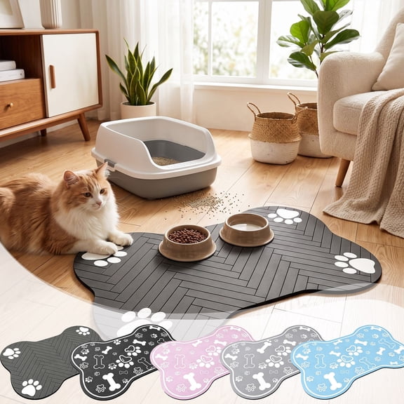 Pet Food Mat 17.32x10.63in Rectangular Silicone Raised Edge Spill Proof Non Shift Waterproof Dog Cat Feeding Bowl Pad for Floor Puppy Essentials by MPOISVA