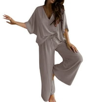 CILENON Loungewear Sets Woman Womens V Neck Bat Sleeve Top Casual Pants Two Piece Suit Loungewear for Travel Airplane Outfits Women Travel Outfit(Khaki,XXL)